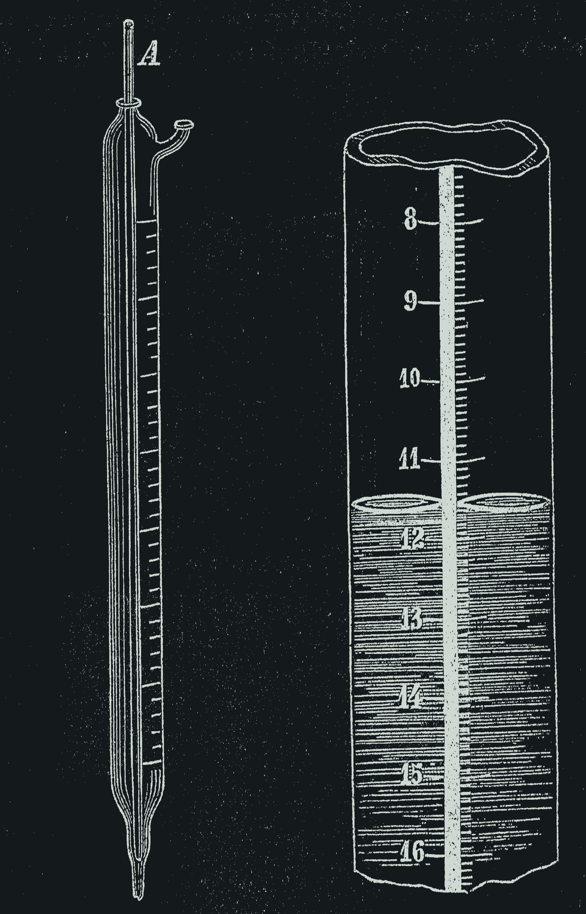 Engraving of glass burettes, one with a dark strip behind its graduation to make the tick marks easier to read