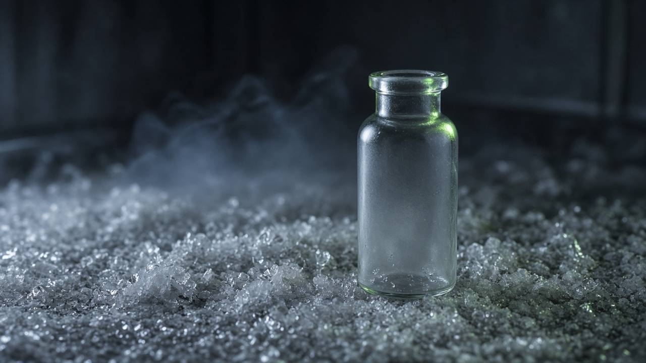 An unlabeled clear glass vial standing on frost and ice crystals in a dark freezer