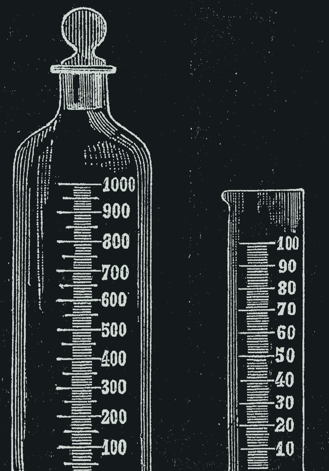 Engraving of a stoppered graduated bottle marked 100 to 1000 and a graduated cylinder marked 10 to 100