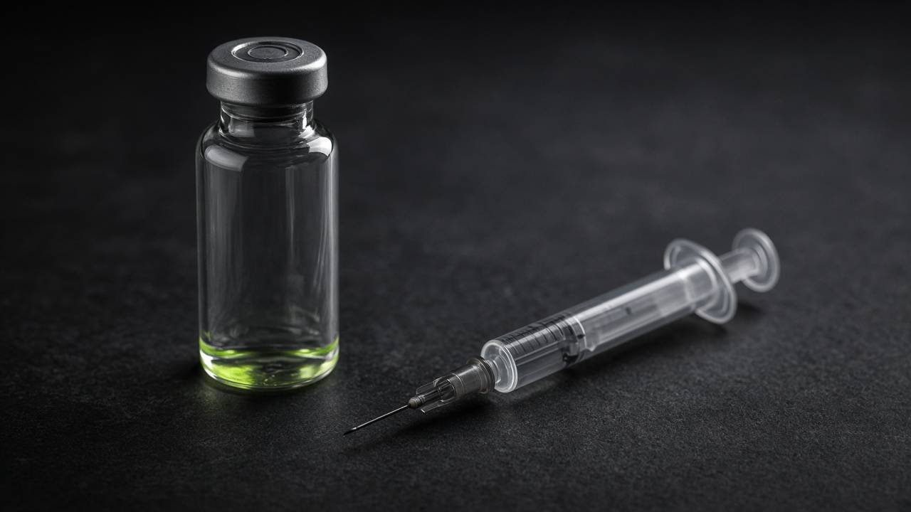 Unlabeled clear glass vial with a gray stopper next to an empty insulin-style syringe on a dark graphite surface