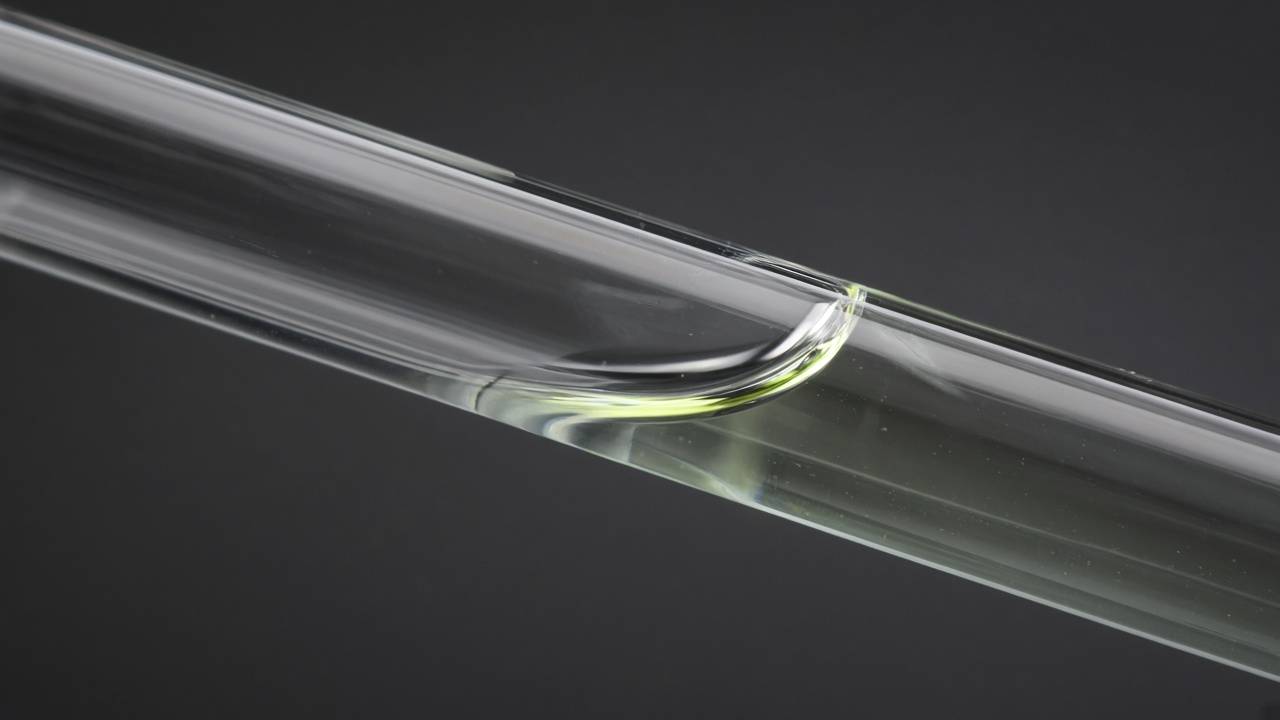 Close-up of clear liquid inside a glass tube, showing the curved surface (meniscus) where liquid meets air
