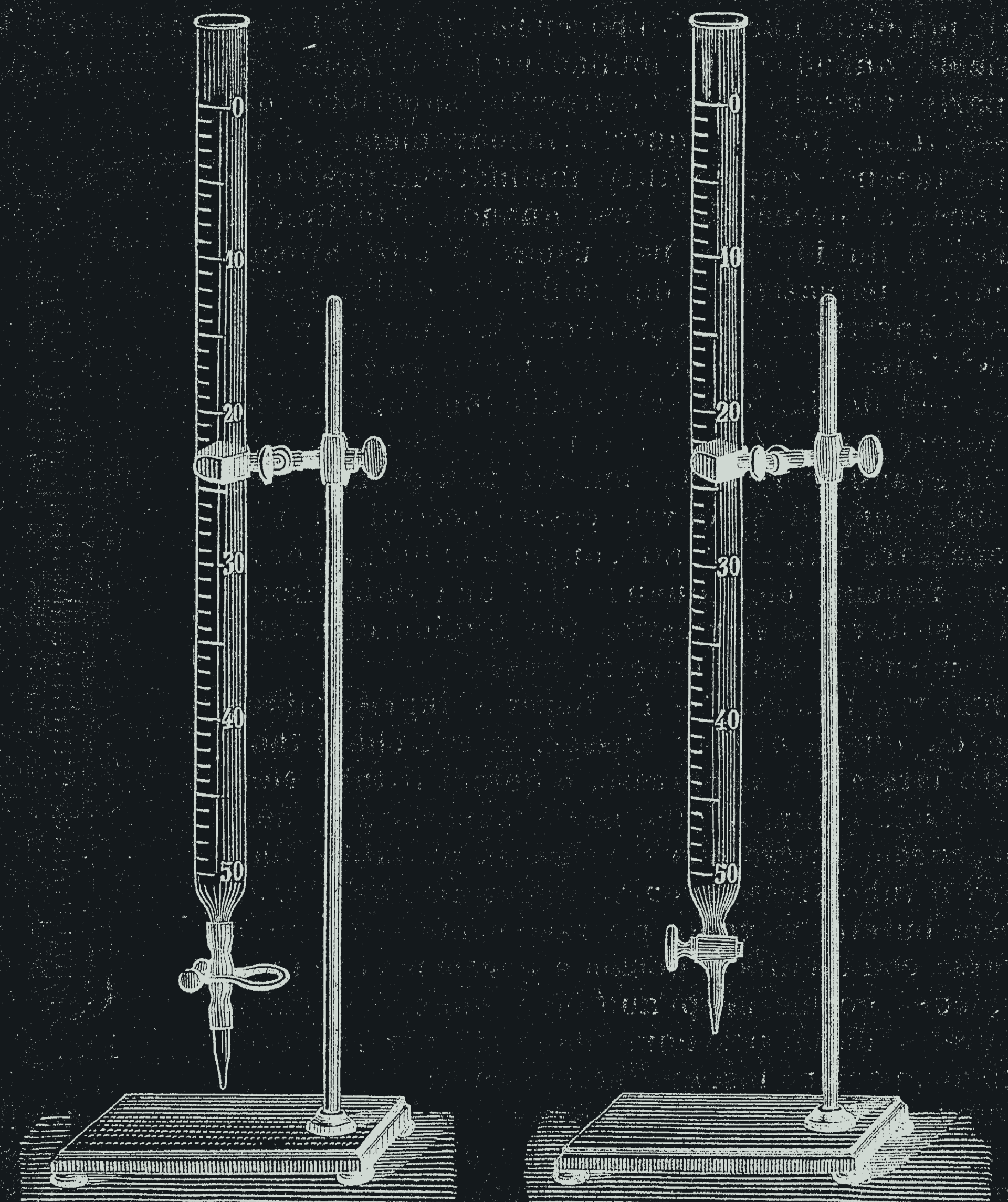 Engraving of two Mohr burettes on stands, one closed with a brass pinch clip and one with a glass stopcock