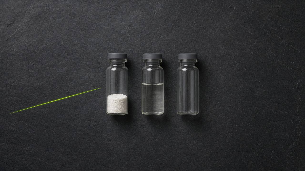 Three unlabeled glass vials on dark slate: one holding white freeze-dried powder, one clear liquid and one empty
